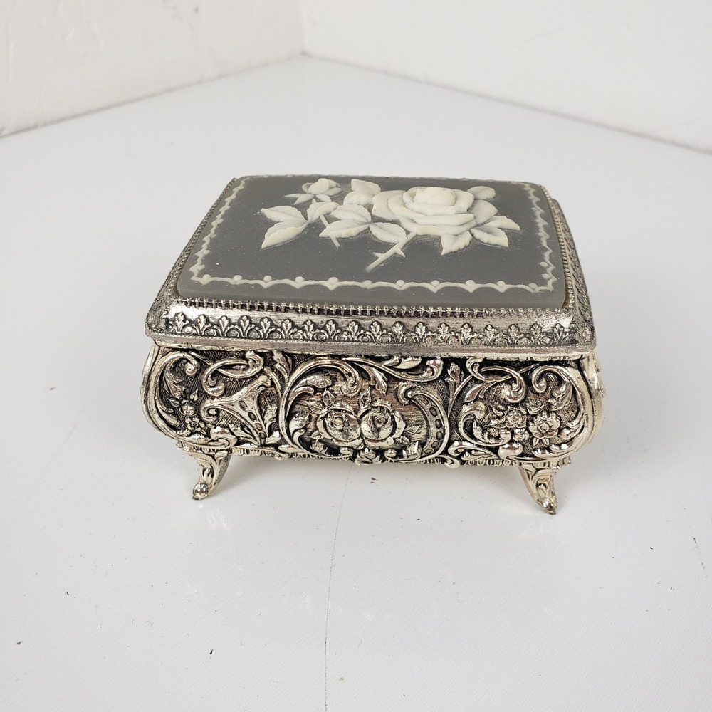 Vintage Linden Silver Tone Rose Cameo Musical Jewelry Box Memory Made in Japan